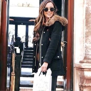 J Crew Coat Women size 4 Black Tan Stadium Cloth Nellie Gori Wool Blend Utility